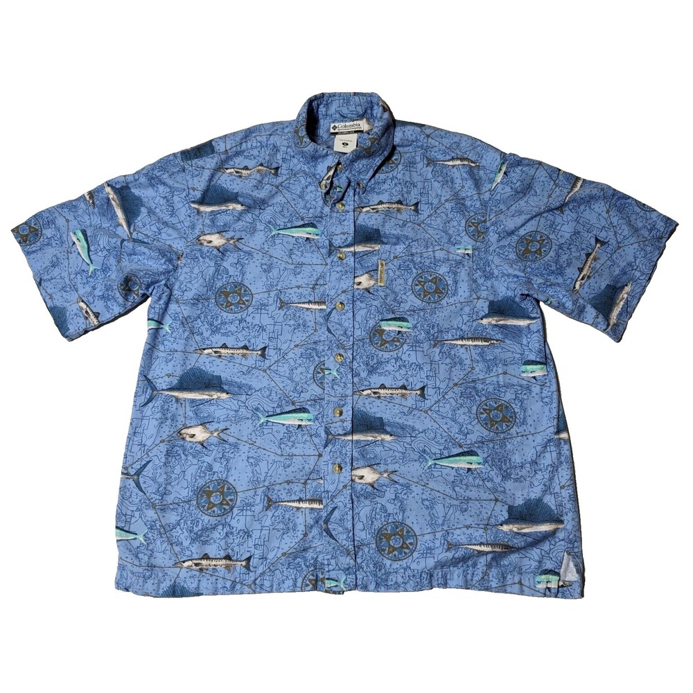 COLUMBIA Men Medium Blue Viscose Blend Fish Cardinal Compass AOP Shirt